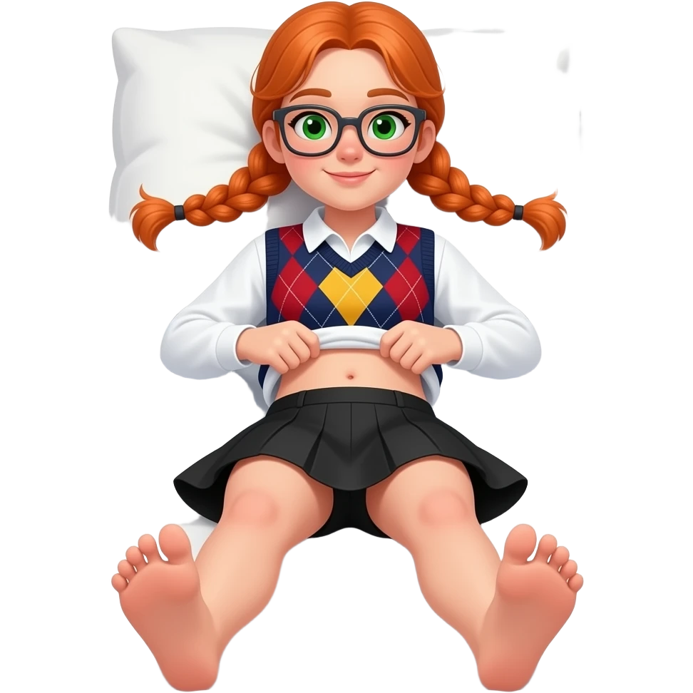 17 year old white woman green eyes orange braided pigtails rectangle glasses white long sleeved polo argyle dark blue red and yellow vest black skirt laying down on her pillow in bed lifting her shirt showing belly button showing her feet toe wiggling emoji