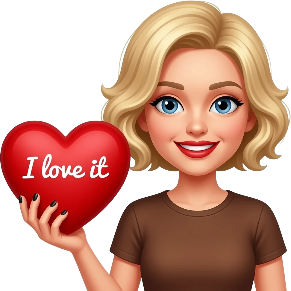 Short blond hair in curly sed swept holding a big red heart  saying I love itin both hands in black polish and dark red lipstick smiling, in a brown t shirt emoji
