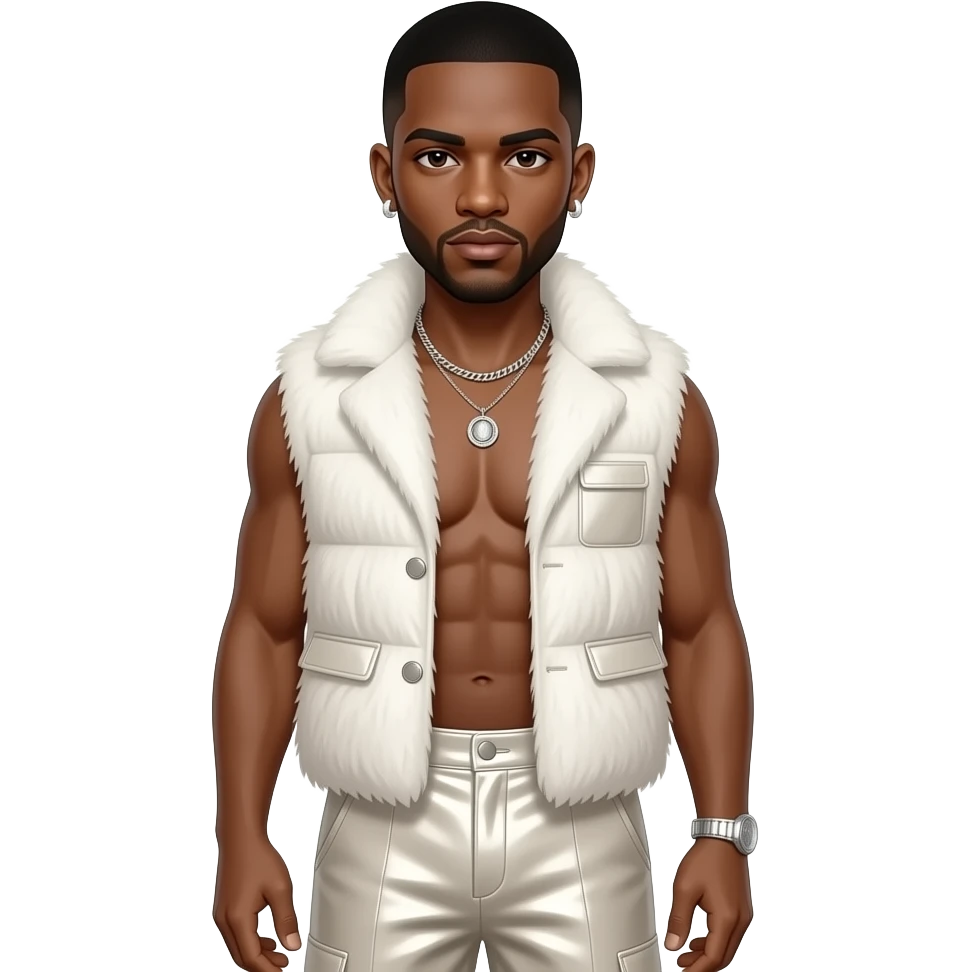 Usher with dark brown eyes, black buzz cut hair, white fur shawl vest, ivory metallic baggy pants, shirtless with necklace and earrings emoji