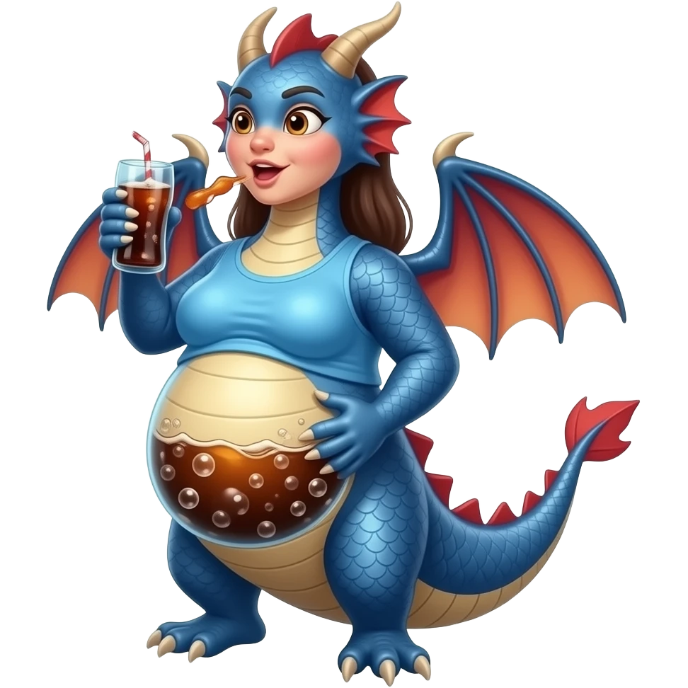 A female eastern dragon,drank too much at the soda games,now she turns into a overinflated water balloon,she is so bloated that her bellybutton pops out into an pregnancy outie,the soda bubbles a lot making a rumbling noise inside her obese tummy,she can not stop burping loudly. emoji