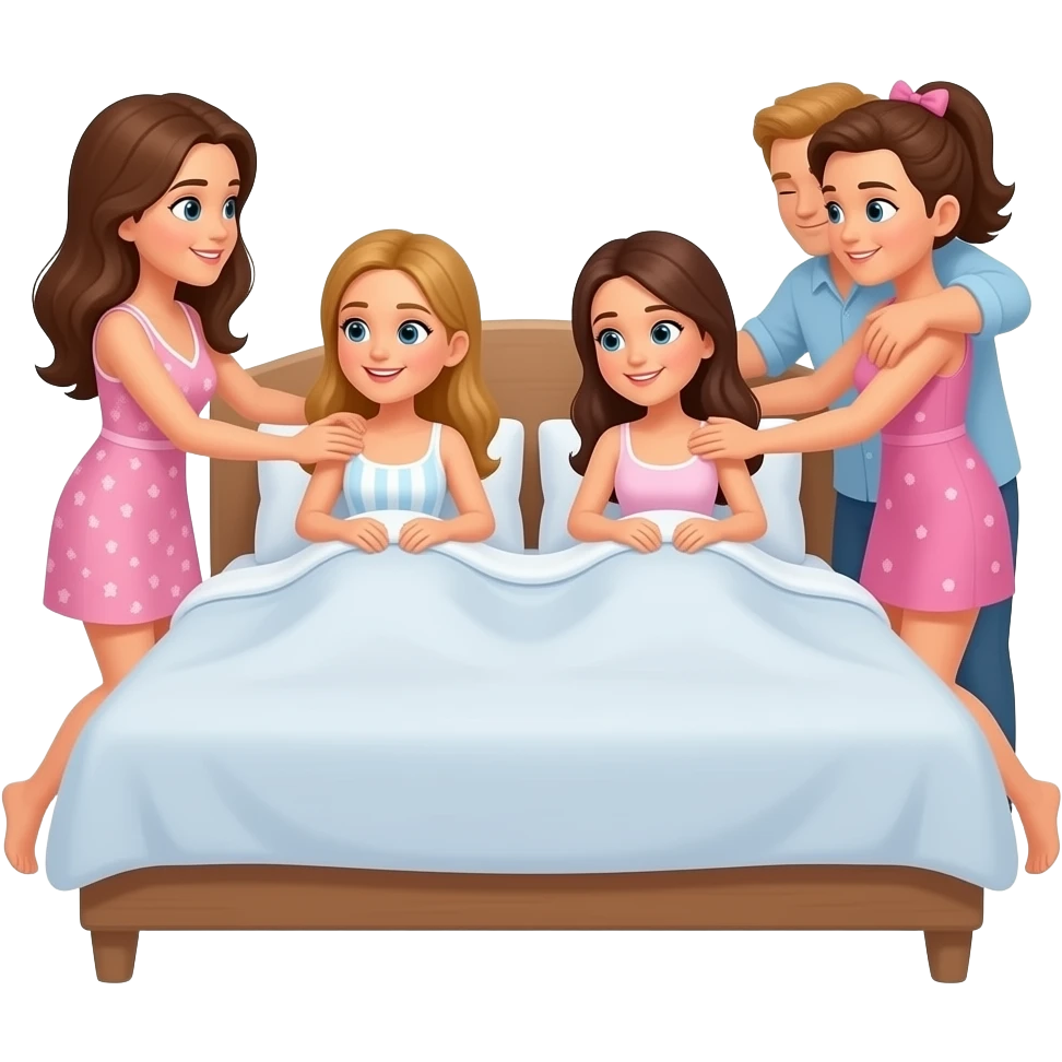 three women swap in bed beside three men hug them emoji
