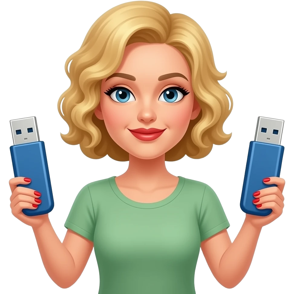 above neck Short blonde curly hair holding a massive two USB with two hands, red finger nails and brown lipstick and black eyebrows and black eyelashes in a green and peach short sleeve shirt emoji