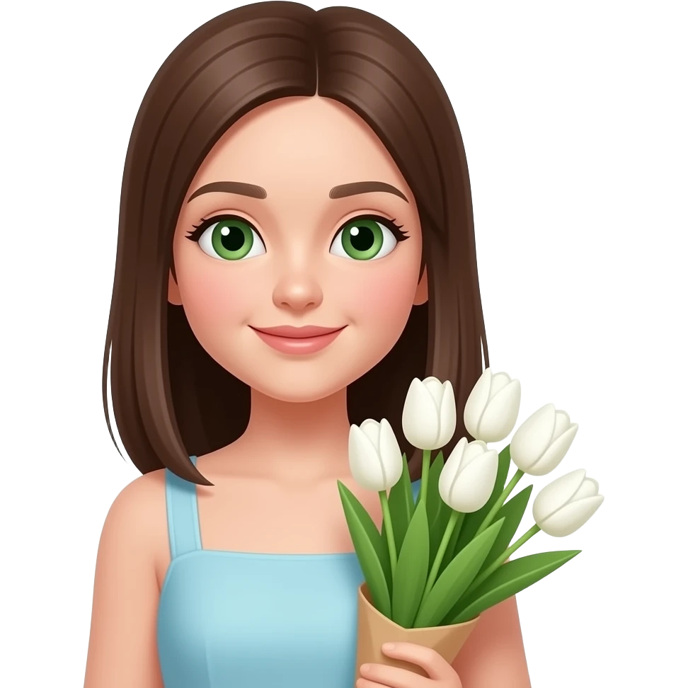 a closeup picture of a girl in a simple summer dress with straight brown hair and green small eyes with a bouquet of white tulips to the side emoji