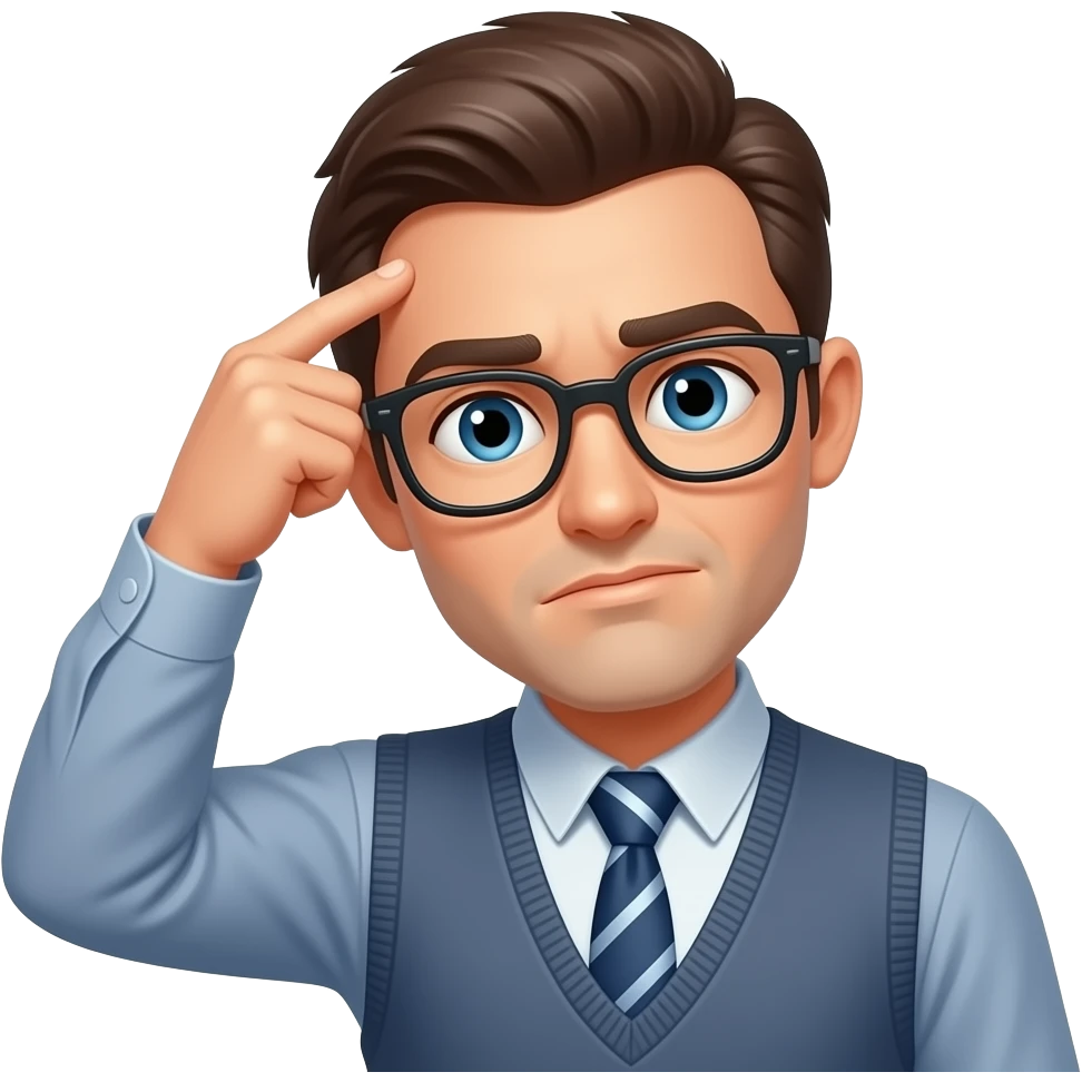 한쪽 손가락으로 머리를 끄적거리며 의문을 느끼는 안경쓴 남성 emoji