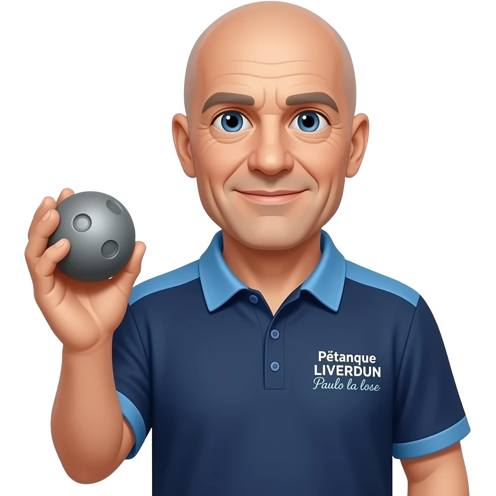 tête homme 60 ans yeux bleus complètement rasé avec boule de pétanque grise à la main sur maillot bleu foncé avec col trois boutons bleu clair et avec épaules seules bleu clair coté bras bleu foncé droit Pétanque LIVERDUN, côté gauche "Paulo la lose"" emoji