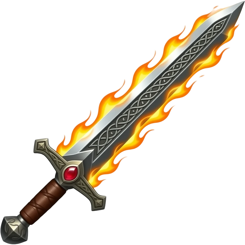 Realistic long thin flaming sword, Knight style sword, celtic runes engraved in the blade, wooden handle wrapped in leather, ruby gem at the hilt, realistic fire, pointed tip emoji