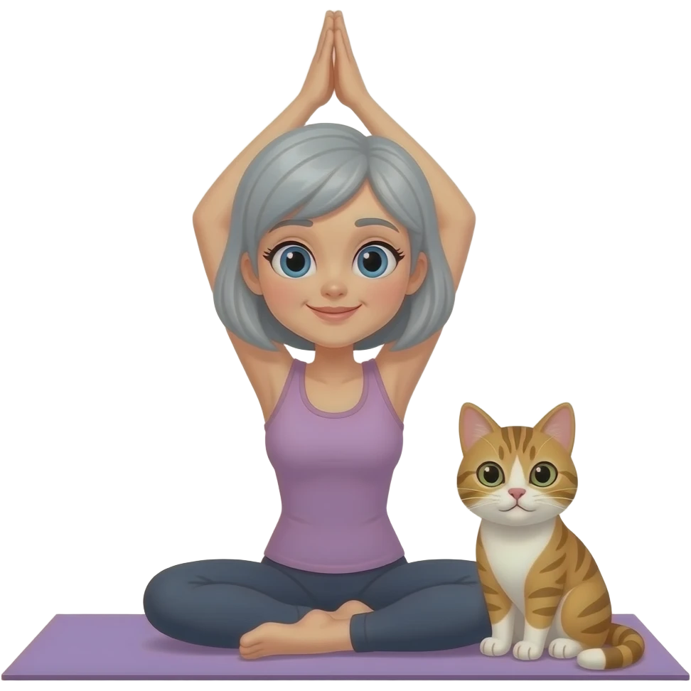 a female gray head yoga teacher doingg yoga with her cat emoji