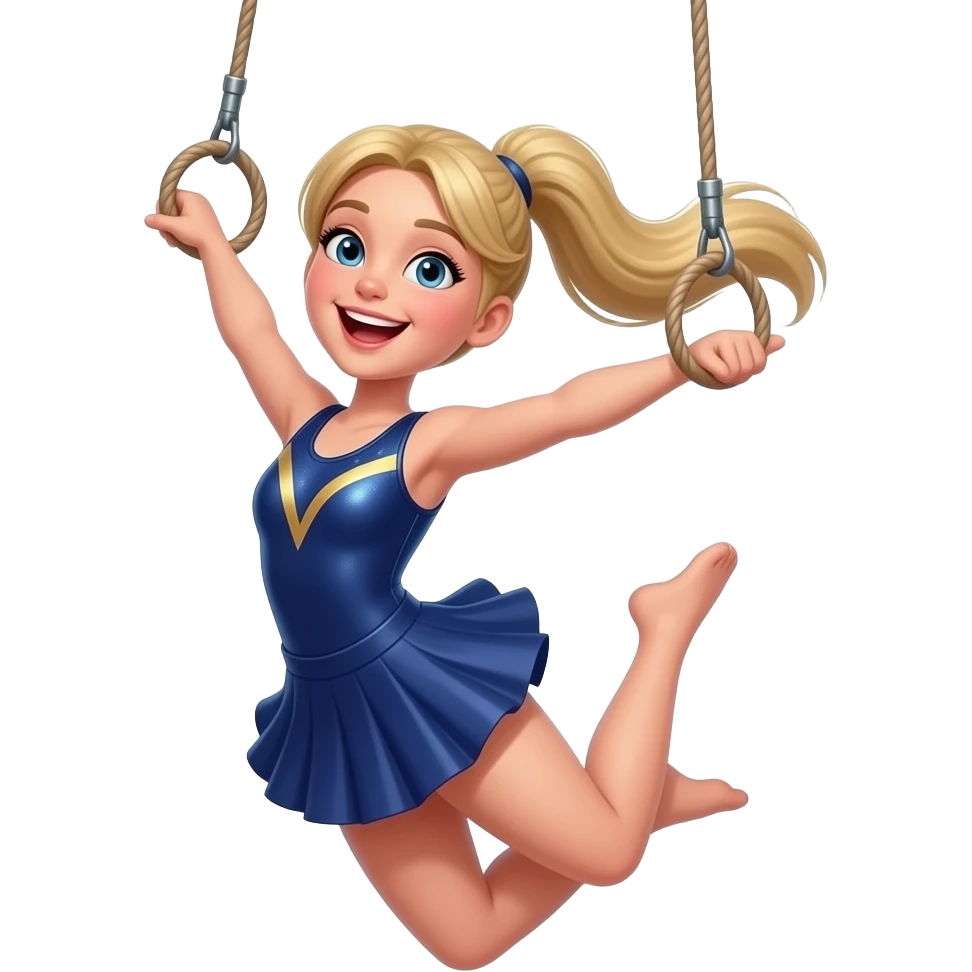 trapeze emoji jumping for joy- white skin color woman no ropes and blonde hair in a gymnast outfit hair in a ponytail blonde add a skirt teenager no ropes get rid of ropes just jumping in the air not holding onto anything stop putting ropes emoji