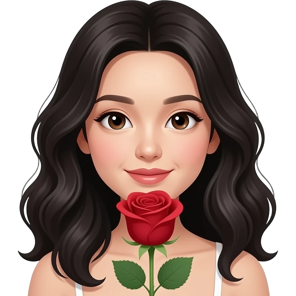 Mujer asiática recibiendo una rosa, que la chica sea piel muy clara, cabello ondulado y negro y con ojos asiáticos emoji