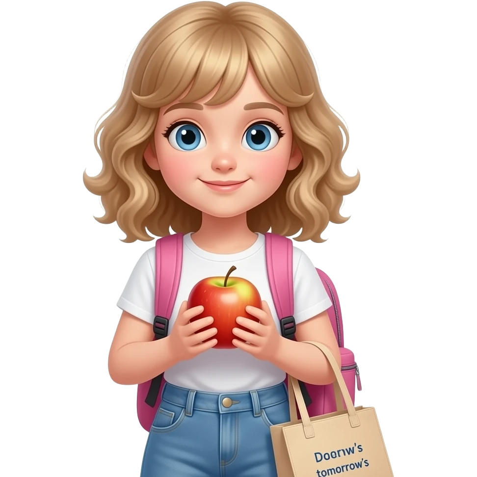 white kid blue eyes mid length hair to her shoulders with bangs soft curly hair to shoulders in color: middle to little darker blond. holding an apple in her hands with a pink backpack beside her and on the other side tomorrows outfit emoji