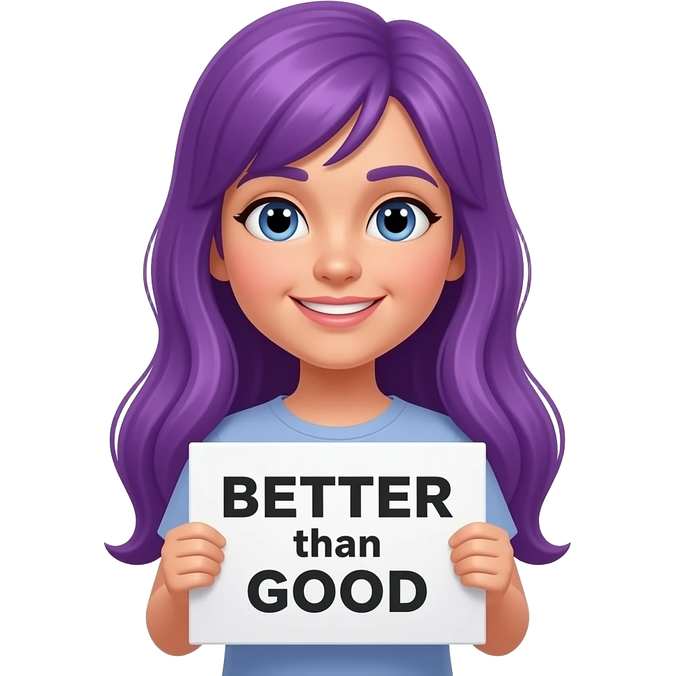 girl with long purple hair with a BETTER than GOOD sign emoji