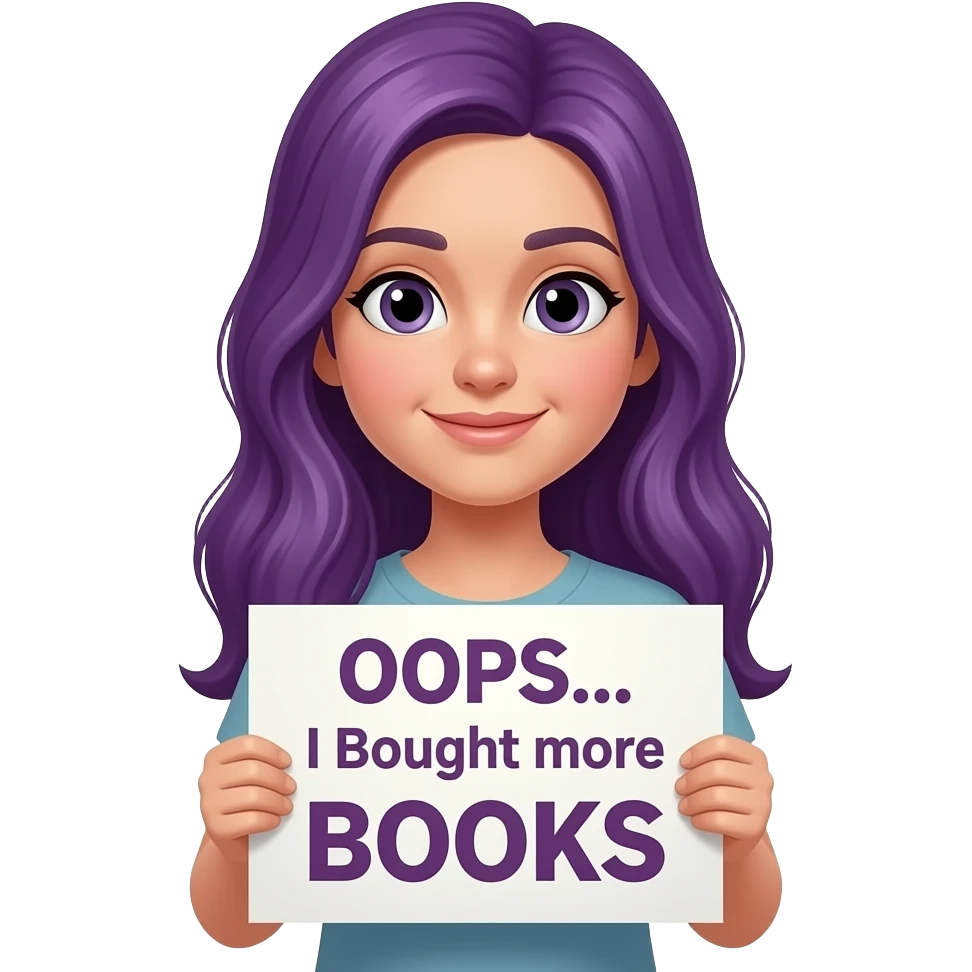 girl with long purple hair with a OOPS... I Bought more BOOKS sign emoji