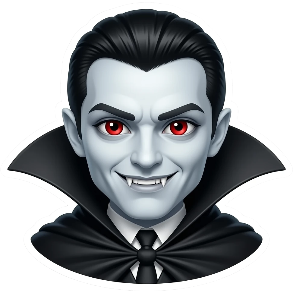 “3D vampire emoji face, charming smirk, tiny sharp fangs, ruby-red eyes ...