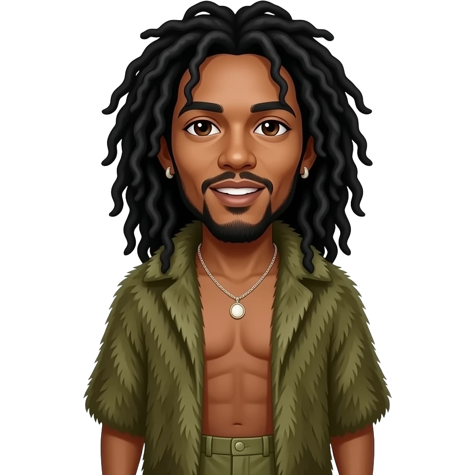 Bob Marley with dark brown eyes, long black hair, olive fur shawl, olive metallic baggy pants, shirtless with necklace and earrings emoji