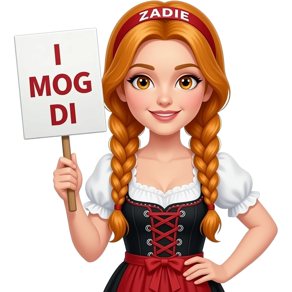 sexy girl with overlong ginger braids and ginger eyes wearing a black red dirndl and a red headband with ZADIE written on it, is holding a sign with I MOG DI written on it emoji