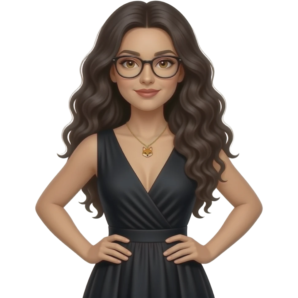 Realisting woman sexy posing elegant black dress with a fox charm necklace model looking calm wearing glasses with honey colored eyes, Italian  and long curly black hair emoji