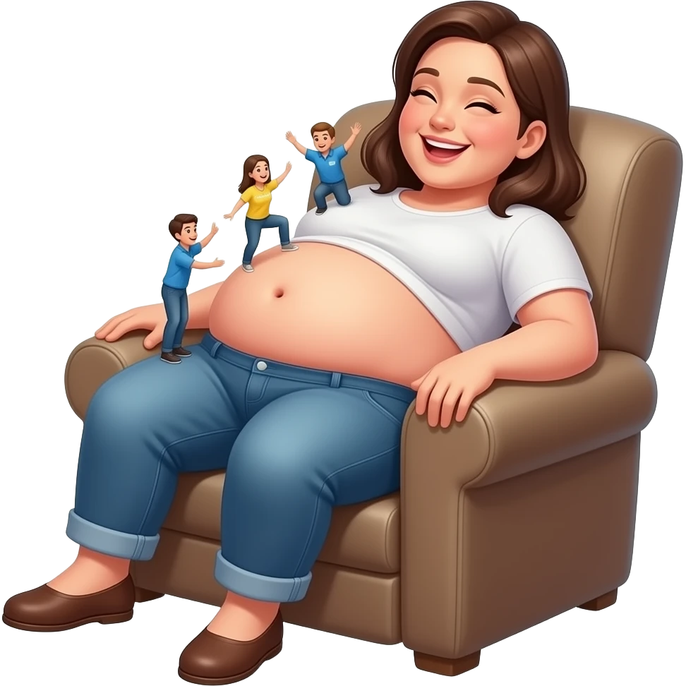 A female giant rests on a recliner sofa,with friendly gentle manner she hangs out her overfed rotund exposed belly,so the tiny volunteer admirers can use the girl’s vulnerable belly to bounce on,The female giant giggles because her bellybutton is ticklish. emoji