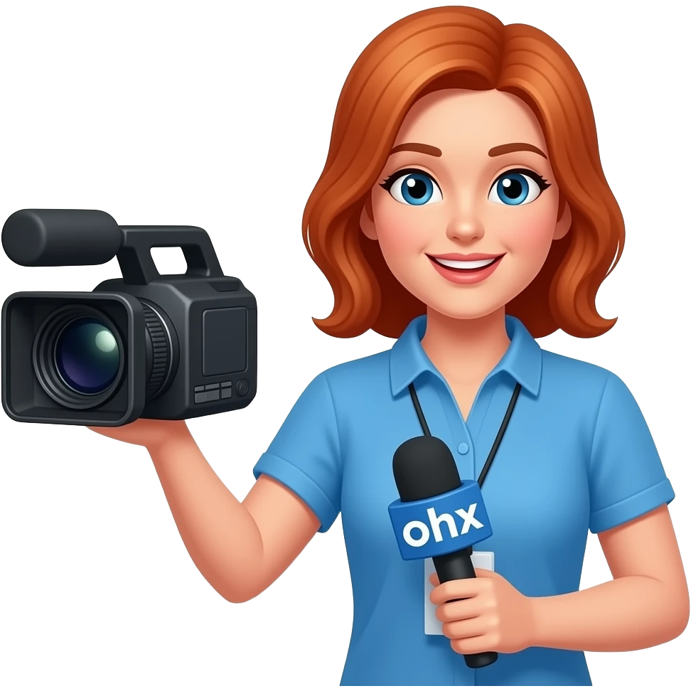 REPORTERA RUBIA DE TELEVISION CAMISA AZUL Y CAMARA DE TELEVISIÓN emoji