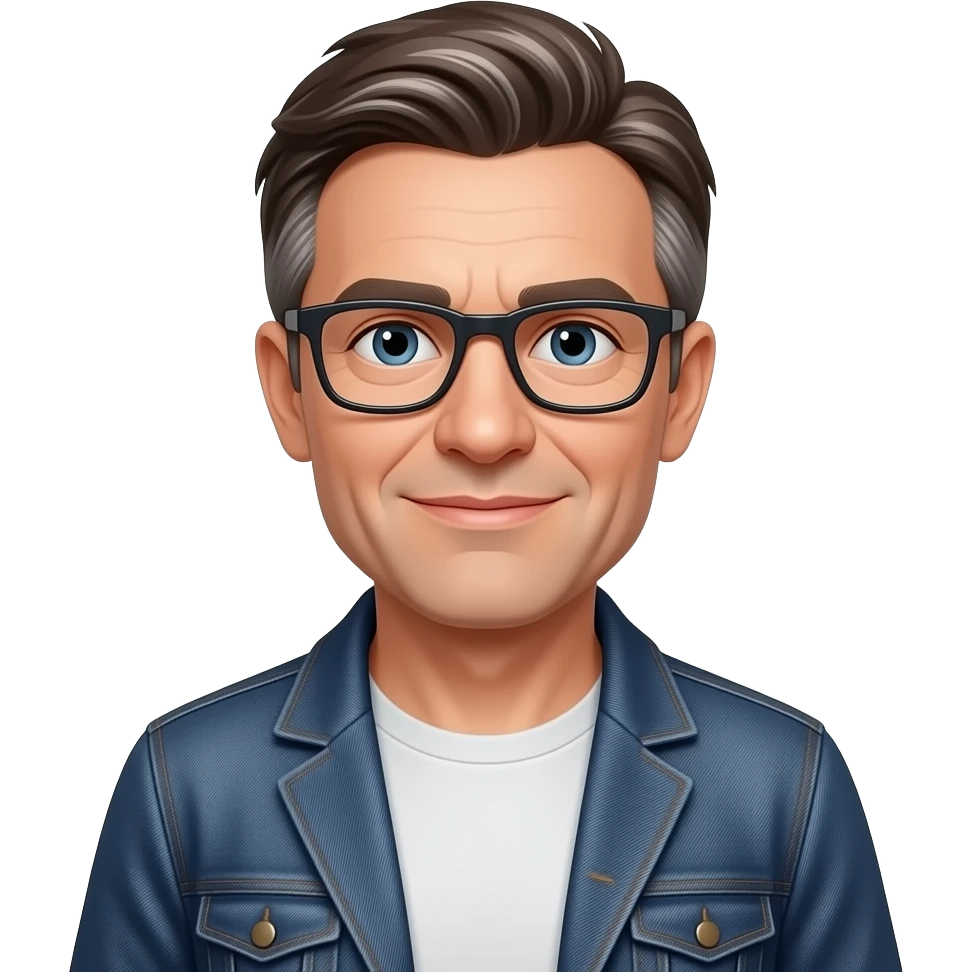 Counselor with kind eyes. Middle aged, dressed in a t-shirt and modern waxed canvas jacket on and a pair of modern glasses. His hair should be brown but starting to gray and not too perfect, a bit of disheveled. He looks approachable and slightly solemn. Gentle smile and cool for his age emoji