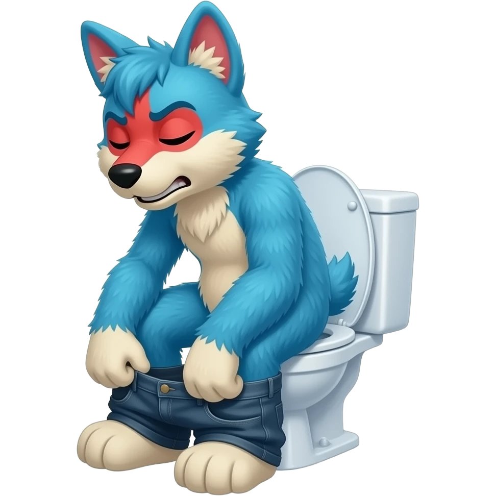 blue fursuit sitting on toilet, side view , pants down, pushing, eyes closed, straining face, red face emoji
