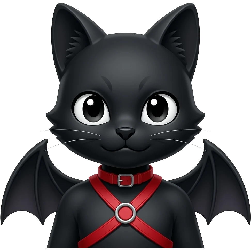 black realistic anime-styled edgy emo furry bat-cat-fursona-Fakémon with a red chest harness emoji