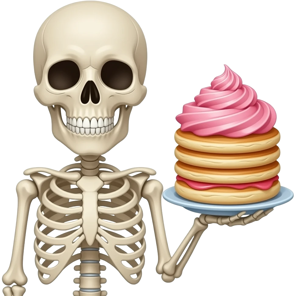 Skeleton holding cupcake with a stacks of pancakes on top emoji