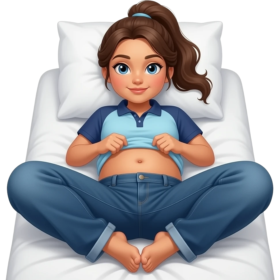 Hispanic girl with brown ponytail and blue eyes light blue and dark blue polo and dark blue baggy jeans and belly button laying down on her pillow on her bed showing her feet lifting her shirt all the way up showing belly rolls emoji