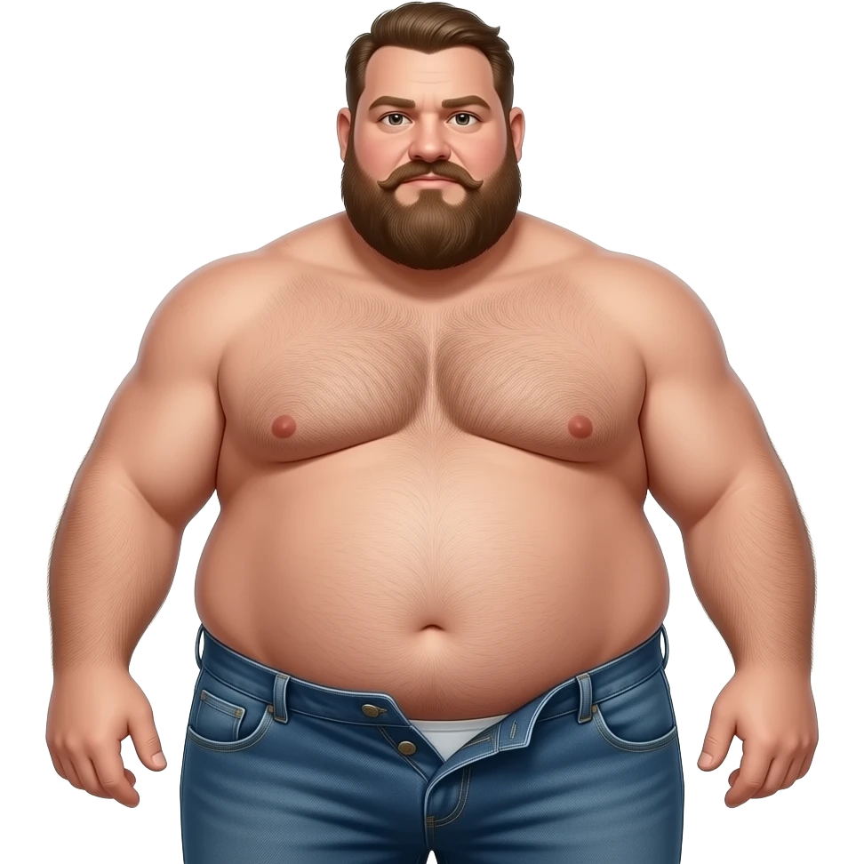 Nahaufnahme eines dicken fetten behaarten Mannes der nur eine offene Jeans trägt. Seine Haut ist ölig glänzen und sein dicker Bauch hängt ihm über die offen Jeans raus emoji