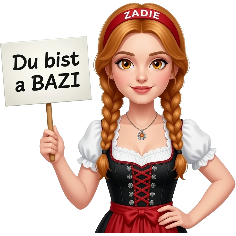 sexy girl with overlong ginger braids and ginger eyes wearing a black red dirndl and a red headband with ZADIE written on it, is holding a sign with Du bist a BAZI written on it emoji