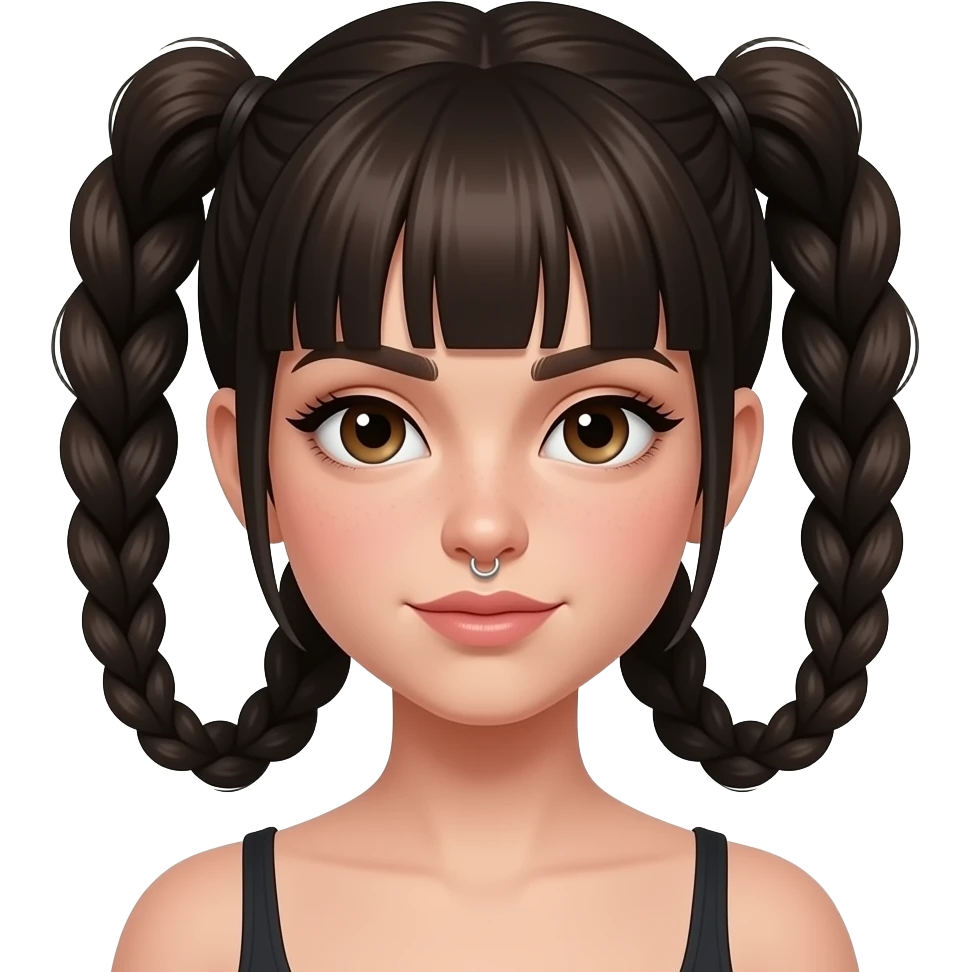 Chica con el pelo recogido y moños bajos Y GRANDES en el pelo. Morena de pelo casi negro y flequillo abierto. Y séptum en la nariz. Y FLEQUILLO ABIEERTO MÁS LARGO. emoji