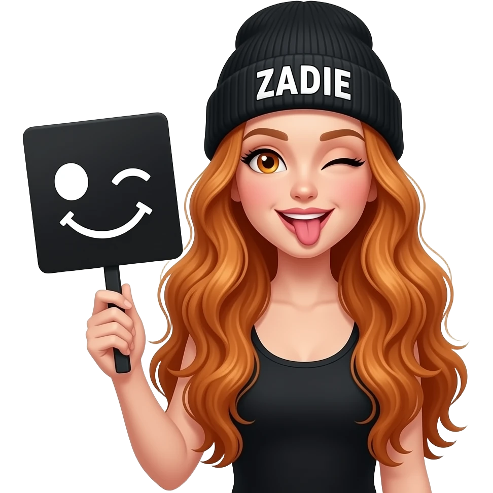sexy girl with overlong wavy ginger hair and ginger eyes wearing a black tanktop and a black beanie with ZADIE written on it, is holding a black sign with 😜 on it emoji