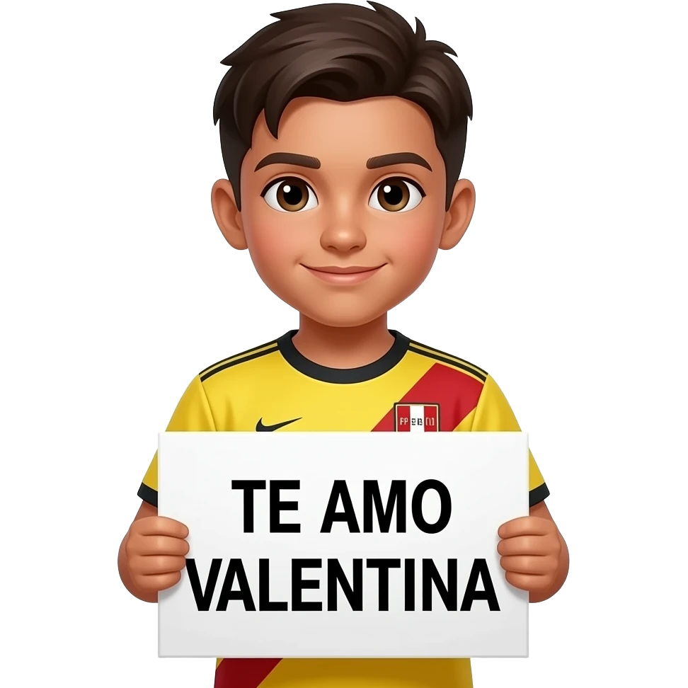 un niño con la camiseta de perú, en su mano tiene un cartel que dice "TE AMO VALENTINA" emoji
