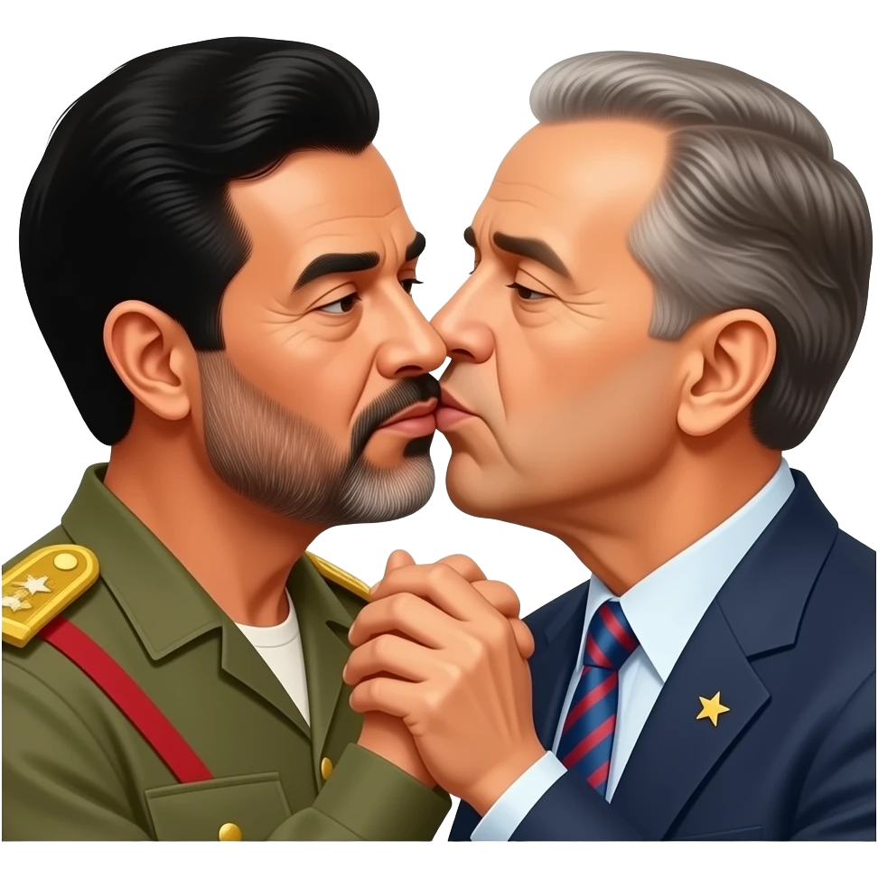 صدام حسين و معه بوش الذي يقوم بتقبيل يد صدام emoji