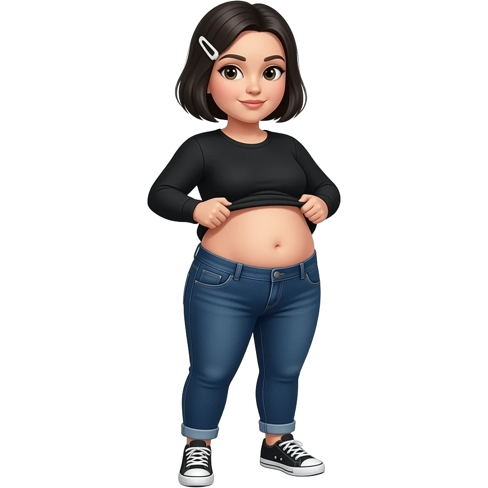 White woman with black short hair, white hair clip on the left of her hair, plain black long sleeve shirt, dark blue jeans, white and black sneakers, and a chubby body lifting her shirt to move her belly emoji