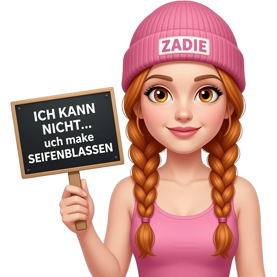 sexy girl with overlong ginger braids and ginger eyes wearing a pink tanktop and a pink beanie with ZADIE written on it, is holding a black sign with ICH KANN NICHT... ich mache SEIFENBLASEN written on it emoji