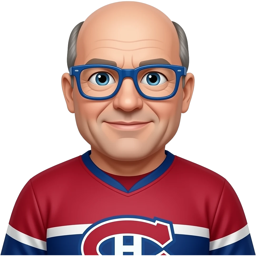 60 year old 200 lbs man, Bald wearing blue glasses and montreal canadiens jersey emoji