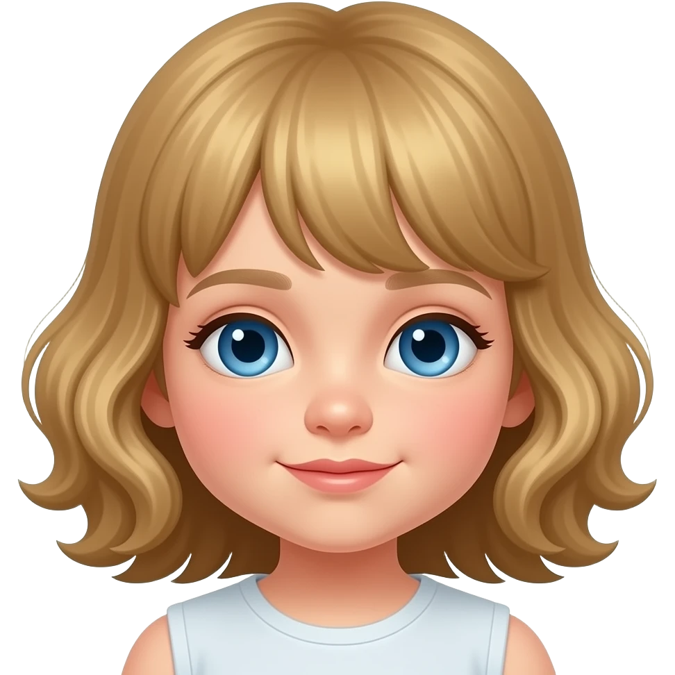 white kid blue eyes mid length with bangs soft curly hair to shoulders in color: middle to little darker blonde, sleeping emoji