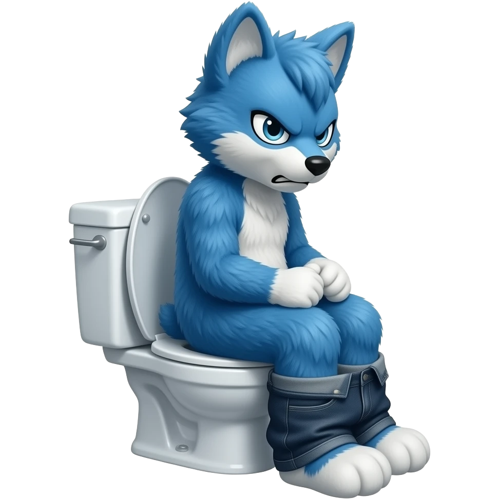 blue furry fursuit sitting on toilet, side view, pants down, looking forward with angry face, textbox with poop emoji
