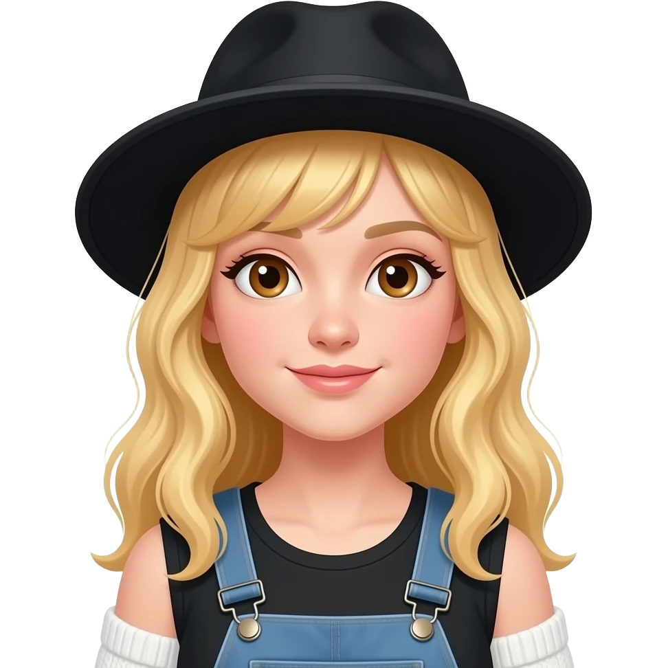 Niña de cabello rubio y sombrero negro y ojos café camiseta sin hombros negra y suéter blanca emoji