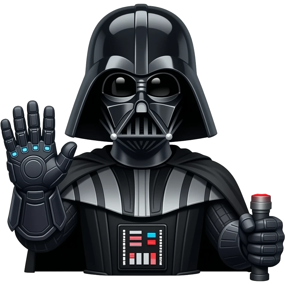 Darth Vader wearing the infinity gaunlet and Thanos holding a red lightsbaer emoji