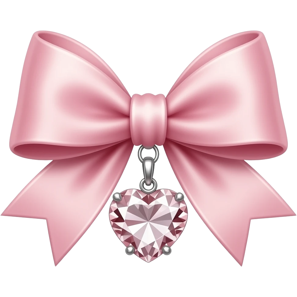 pastel pink satin ribbon bow with a heart shaped diamond pendant, aesthetic pastel pink, jewelry design. emoji