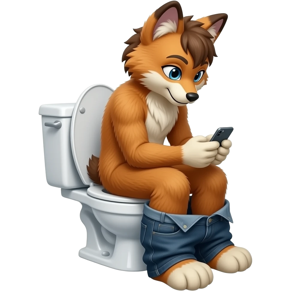 fursuit sitting on toilet, side view, pants down, looking down at phone emoji