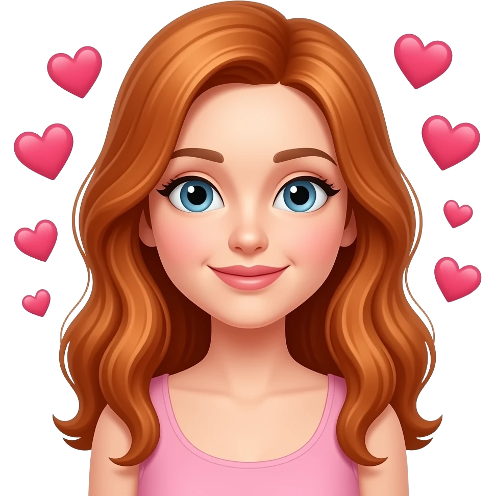 Mujer de cabello cobrizo con cara de estar enamorada con corazones emoji