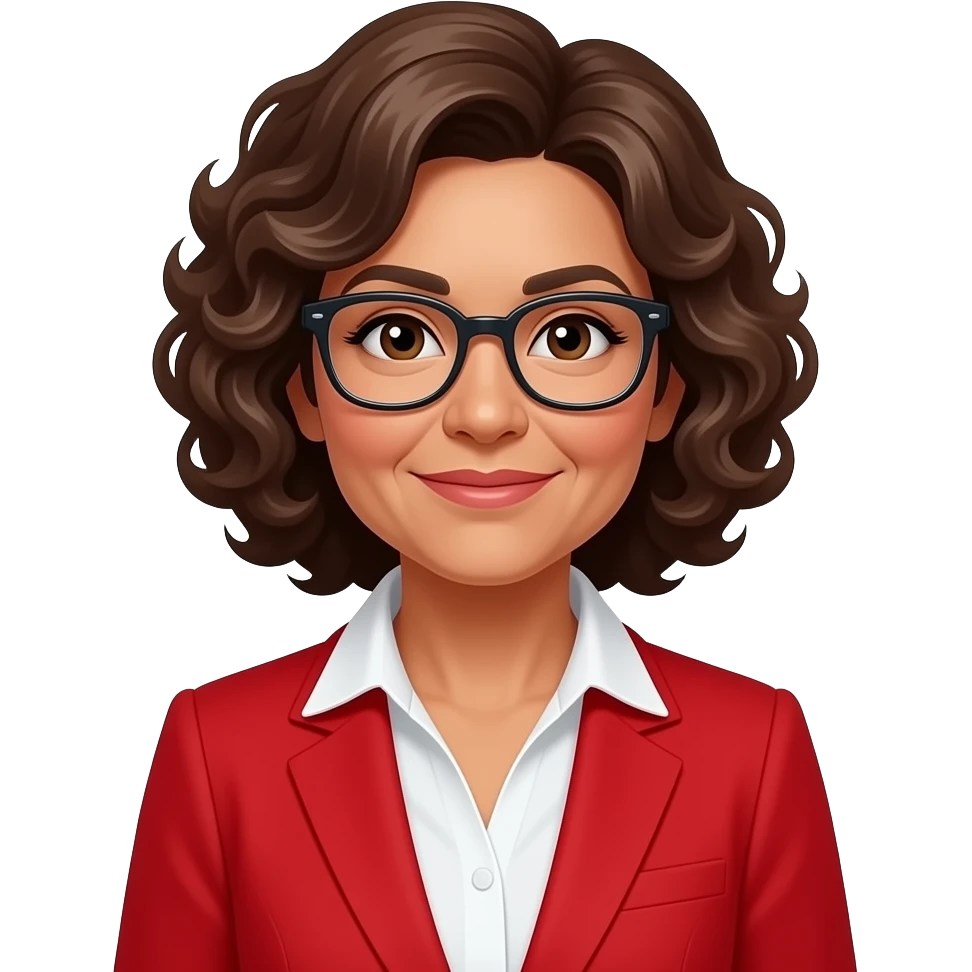 Young 60 year old woman curly brown hair. Glasses. Mexican/indian features. Red Business attire emoji