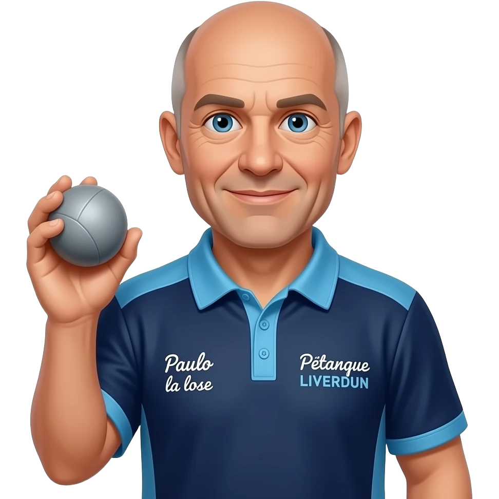 tête homme 60 ans yeux bleus sans cheveux avec boule de pétanque grise à la main sur maillot bleu foncé avec col trois boutons bleu clair et avec épaules seules bleu clair coté bras bleu foncé droit Pétanque LIVERDUN, côté gauche "Paulo la lose"" emoji