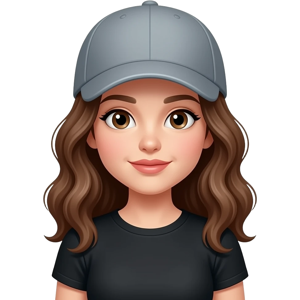 Girl with brown hair wavy hair, grey sports hat fair skin black shirt emoji