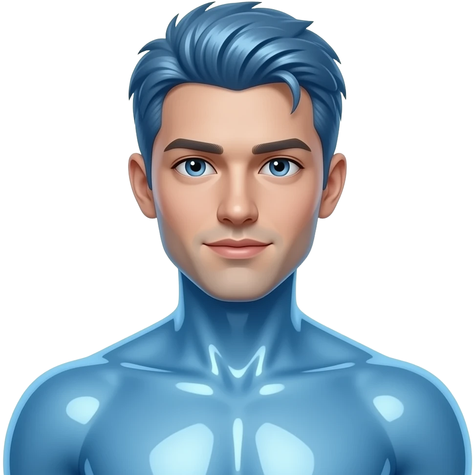 Erstelle eine sexy männlich AI mit durchsichtigen blauen und glänzenden Körper und Kopf auch emoji
