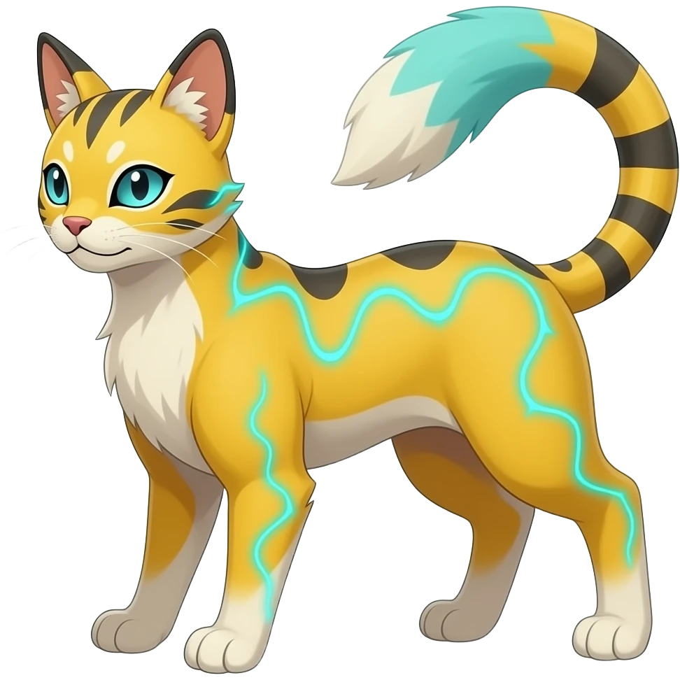 Yellow Renamon-Zeraora-Genet-Civet-caracal-Fennekin-Manectric-Vaporeon-Fakémon-hybrid with glowing neon cyan markings emoji