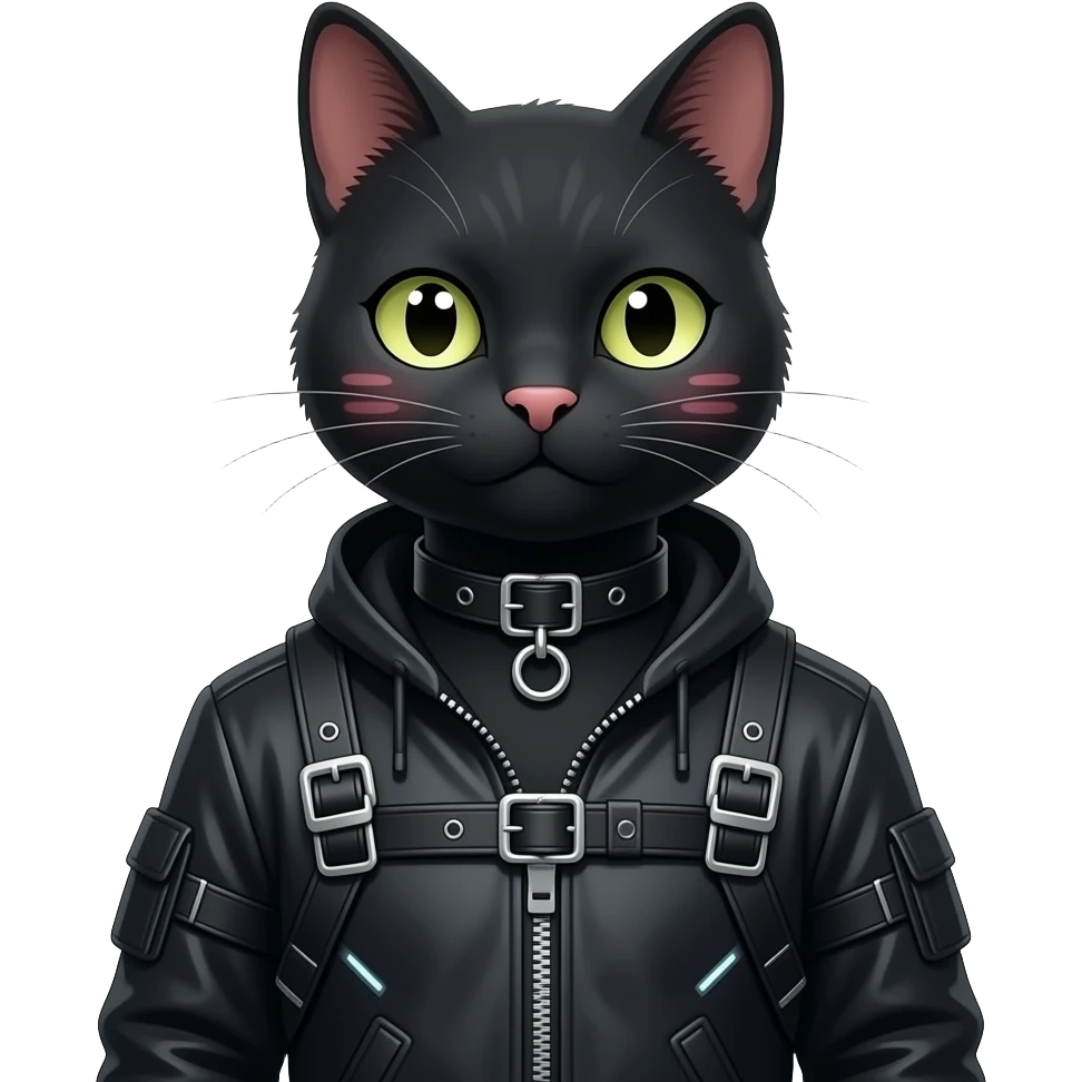 Gorgeous furry gothic dark techwear anime style anthro black cat fursona with blushing face aesthetic and pretty edgy black with collar and harness trending style emoji