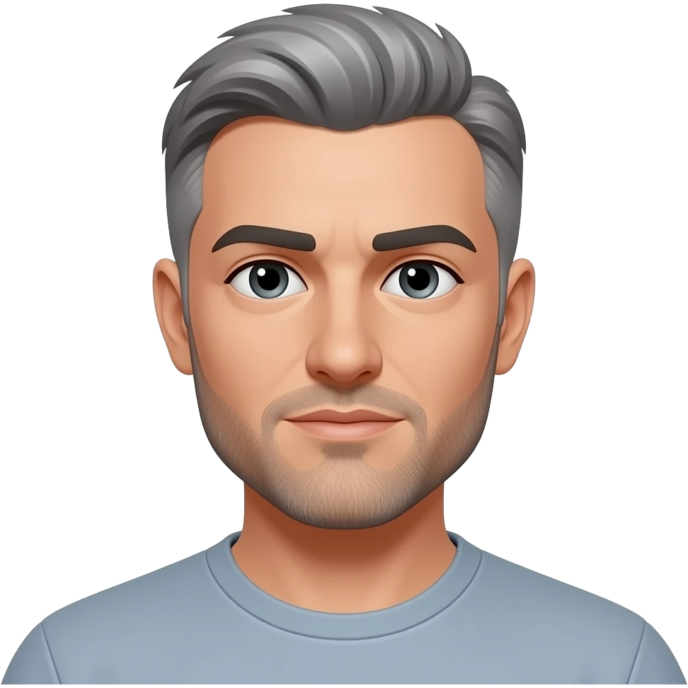 a white 30 year old male with grey hair, grey stubble beard, and black unibrow emoji